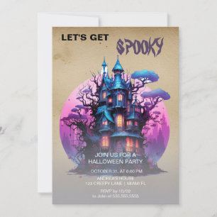 Invitación Halloween en la casa de fantasía con morado gótico