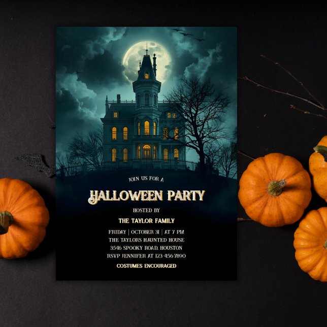 Invitación Halloween en la Casa Gótica (Gothic Haunted House Halloween Party Invitation – Full Moon Night | Annual Costume Party)