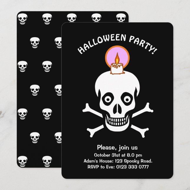 Invitación Halloween espeluznante calavera sobre la invitació (Anverso / Reverso)
