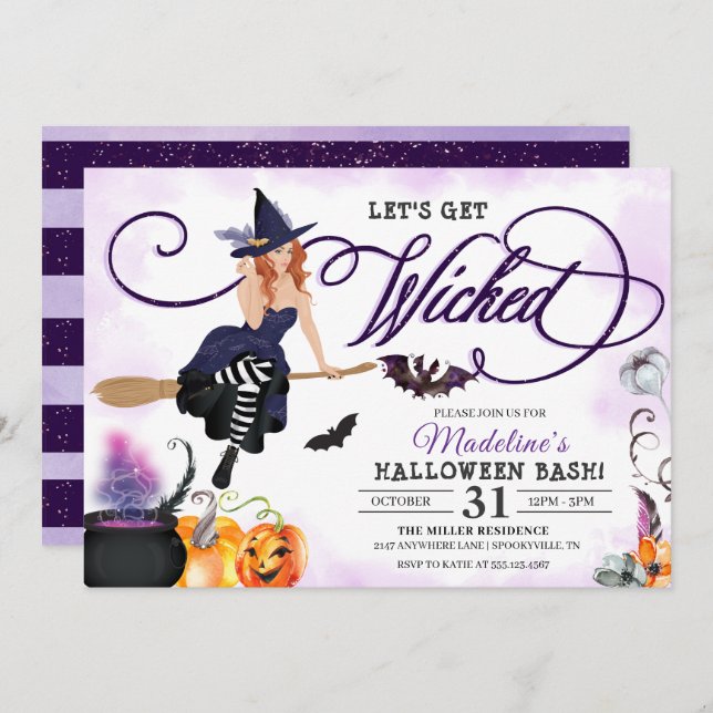 Invitación Halloween espeluznante de bruja morada (Anverso / Reverso)