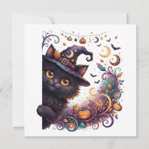 Invitación Halloween espeluznante, gato negro asomándose