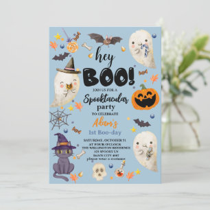 Invitación Halloween espumocrático azul primer cumpleaños de