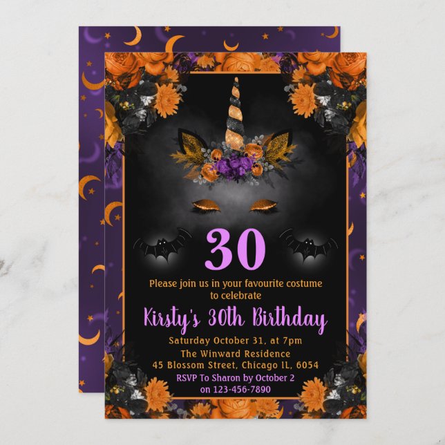 Invitación Halloween Fall Floral Unicorn Face Cumpleaños (Anverso / Reverso)