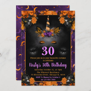 Invitación Halloween Fall Floral Unicorn Face Cumpleaños