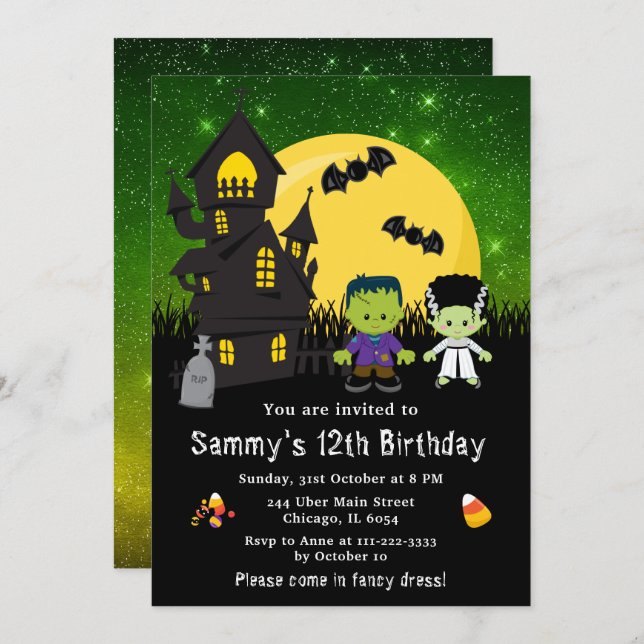 Invitación Halloween Fancy Vestido Birday Monsters Green (Anverso / Reverso)
