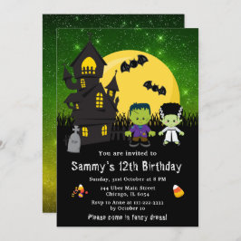 Invitación Halloween Fancy Vestido Birday Monsters Green