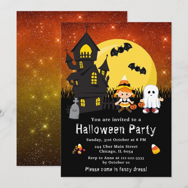 Invitación Halloween Fancy Vestido Fiesta Witch Ghost Naranja (Anverso / Reverso)
