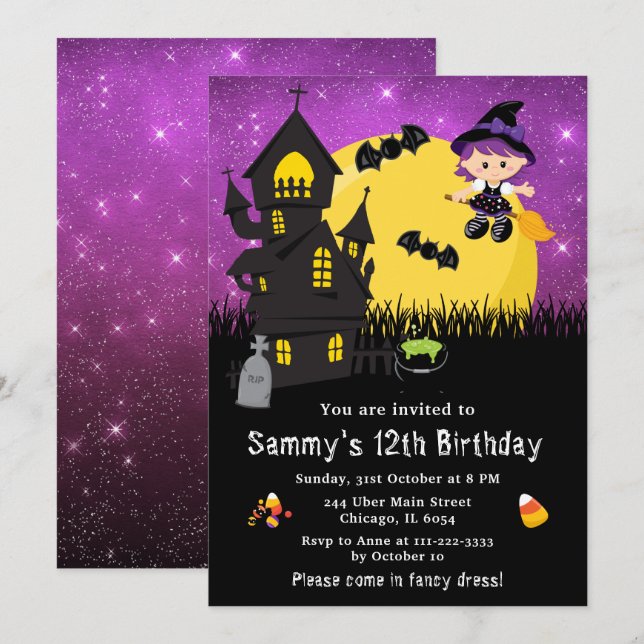 Invitación Halloween Fancy Vestir Birday Witch Purple (Anverso / Reverso)