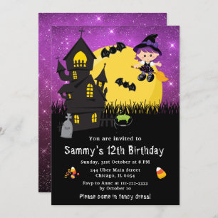 Invitación Halloween Fancy Vestir Birday Witch Purple