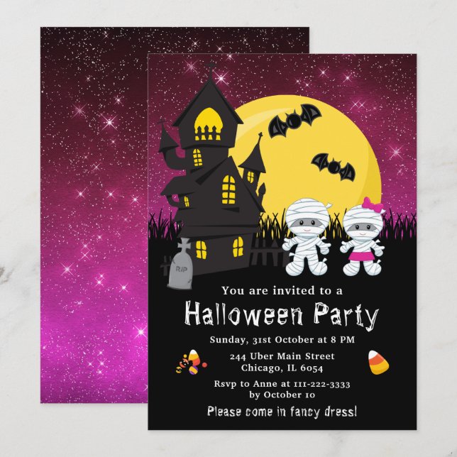 Invitación Halloween Fancy Vestir Fiesta Mummy Pink (Anverso / Reverso)