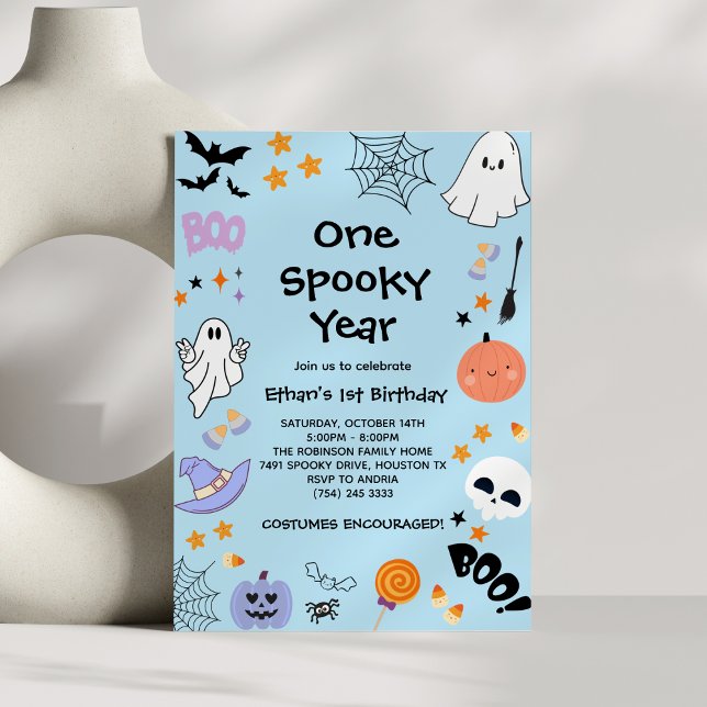 Invitación Halloween fantasma de un año espeluznante azul pri (Blue One Spooky Year Ghost Halloween 1st Birthday Invitation )