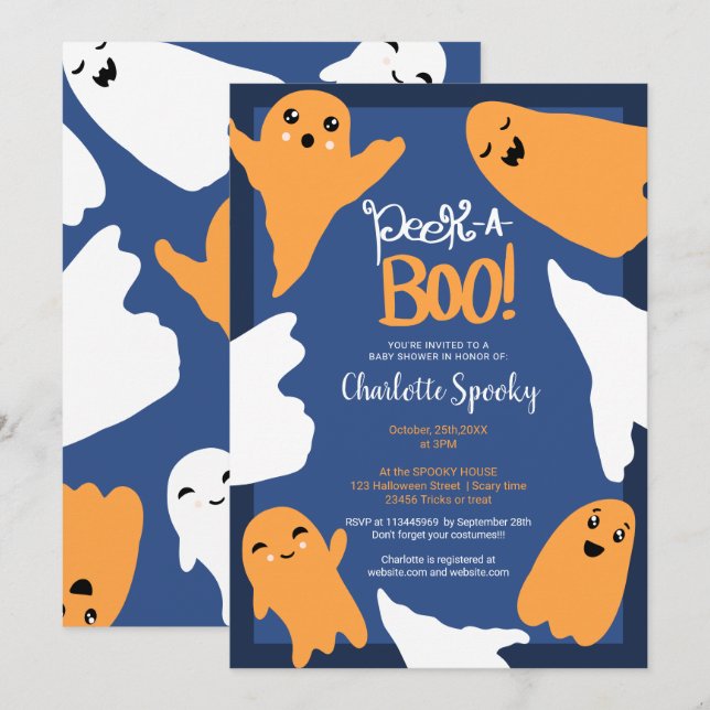 Invitación Halloween fantasma naranja ducha azul bebé (Anverso / Reverso)