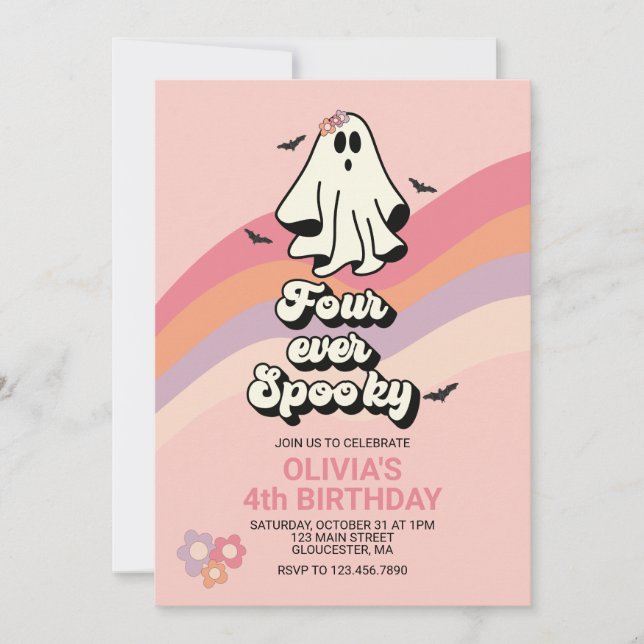 Invitación Halloween Fantasma Retro Cuatro Años De Fantasía (Anverso)