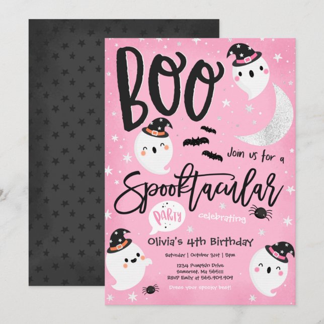 Invitación Halloween Fantasma Rosa Cute Fantasma Fantasma Spo (Anverso / Reverso)