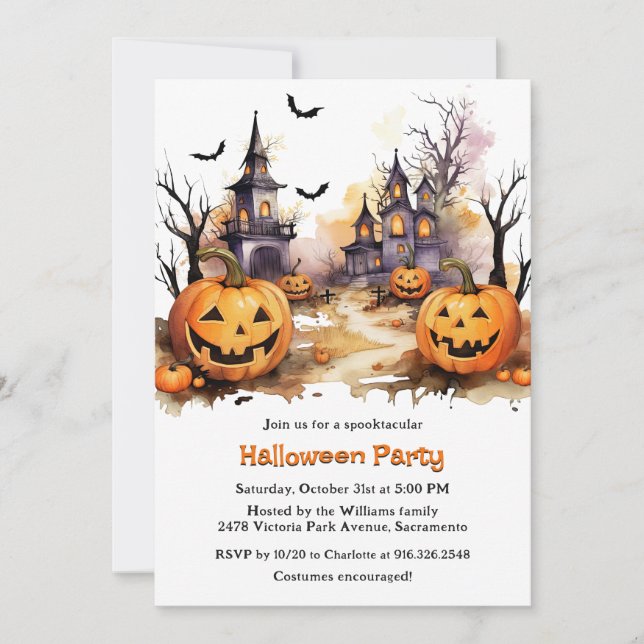 Invitación Halloween, fantasmagórico haunted House Pumpkins K (Anverso)