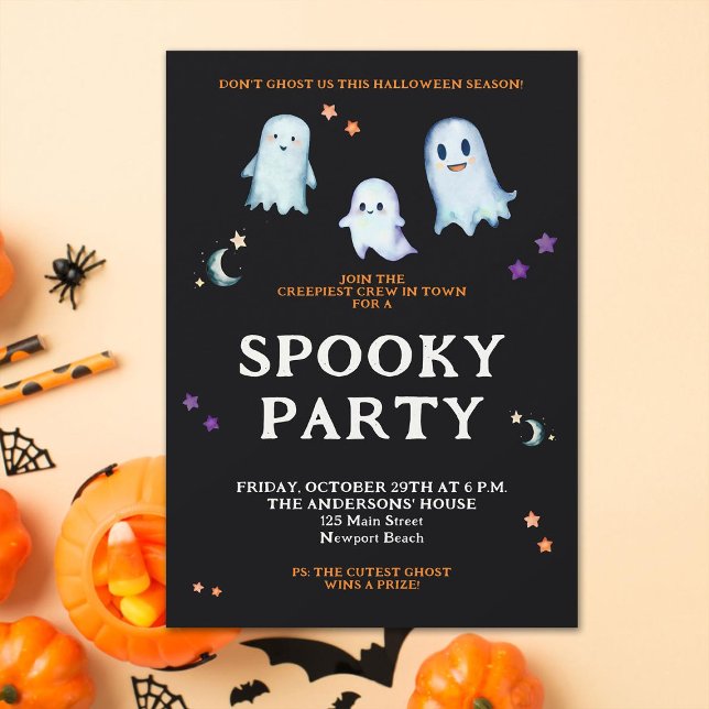 Invitación Halloween Fantasmas en la luna Fiesta de la famili (Halloween family home party invitation cute ghosts black orange purple spooky funny fun simple clean)