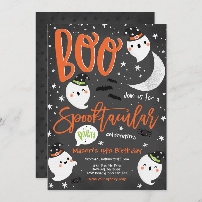 Invitación Halloween fiesta de cumpleaños fantasma lindo Spoo (Anverso / Reverso)