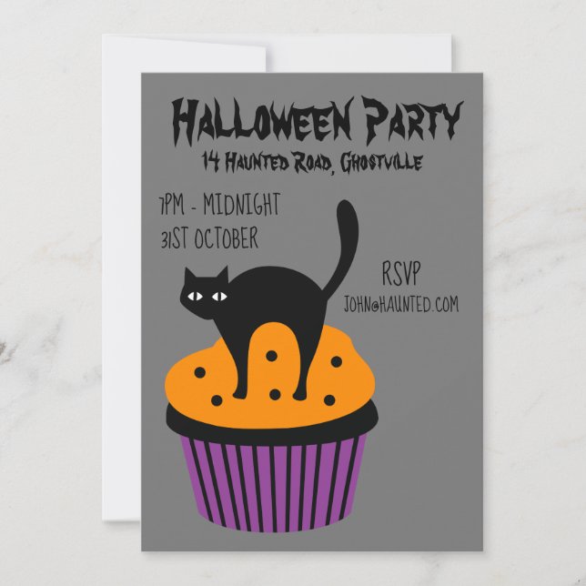 Invitación Halloween fiesta de cupcake gato negro y naranja (Anverso)