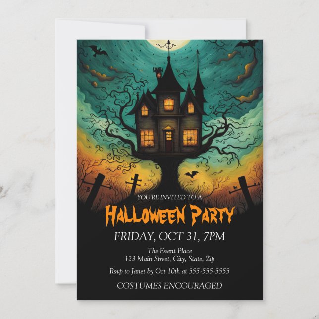 Invitación Halloween Fiesta de Disfraces de Castillo (Anverso)