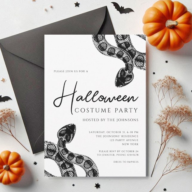 Invitación Halloween, Fiesta De Disfraces De Serpientes Blanc (Black And White Snakes Costume Party Halloween Invitation)
