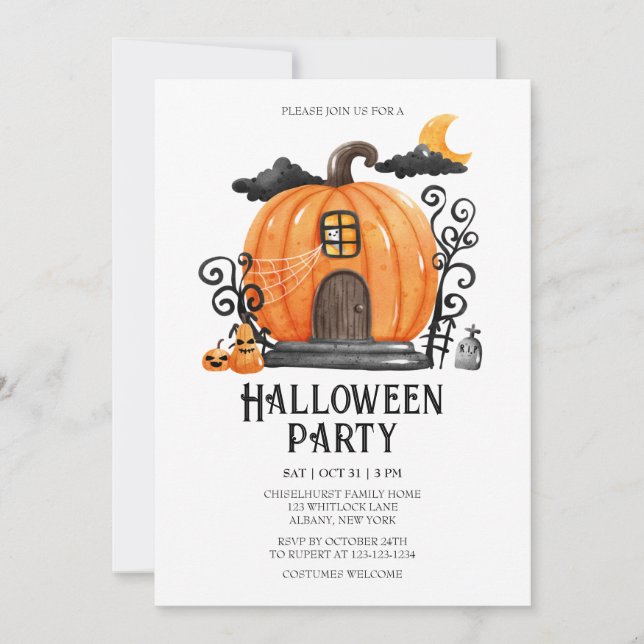 Invitación Halloween, fiesta de la casa de calabaza (Anverso)
