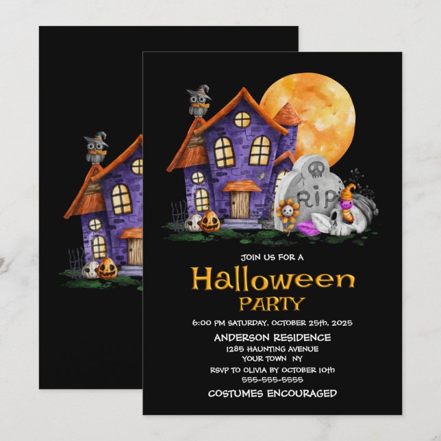 Invitación Halloween, fiesta de la cosecha de la casa (Anverso / Reverso)
