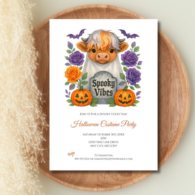 Invitación Halloween Fiesta de las Flores Fantasmas de Vaca H (Cute Highland Cow Ghost Halloween Party Invitation. Perfect for Adults or kids)