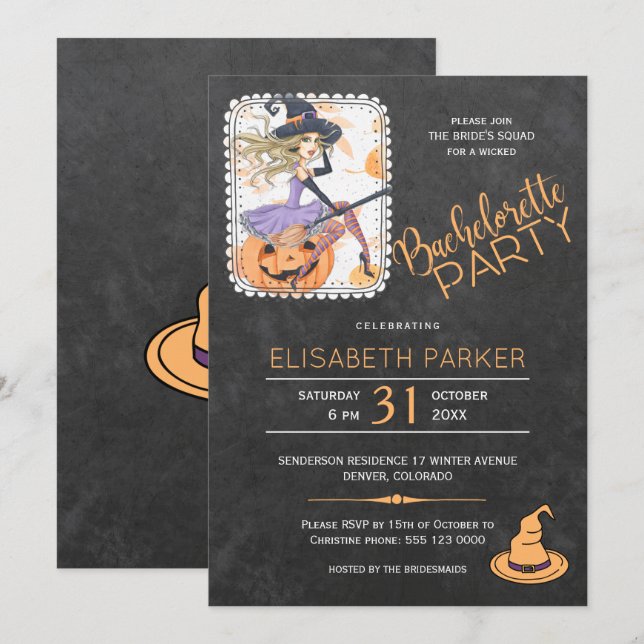 Invitación Halloween: fiesta de soltería de brujas y calabaza (Anverso / Reverso)