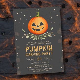 Invitación Halloween, Fiesta de tallado de calabaza familiar
