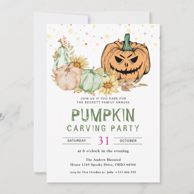 Invitación Halloween, Fiesta de tallado de calabaza familiar  (Anverso)