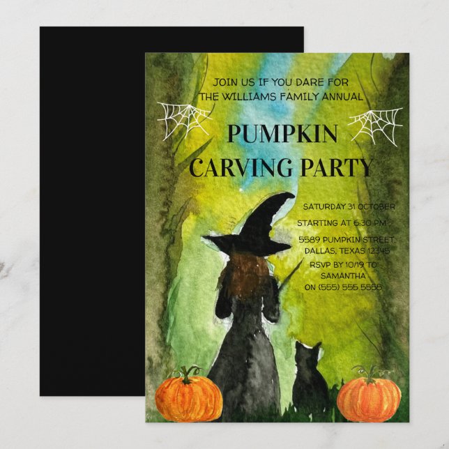 Invitación Halloween, Fiesta de tallado de calabaza familiar  (Anverso / Reverso)