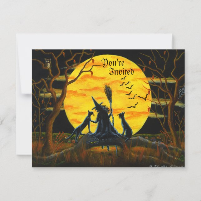 Invitación Halloween,fiesta,invitación,bruja,negro,gatos (Anverso)