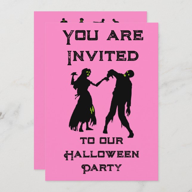 Invitación Halloween Fiesta zombi invitada rosada pinkoween (Anverso / Reverso)