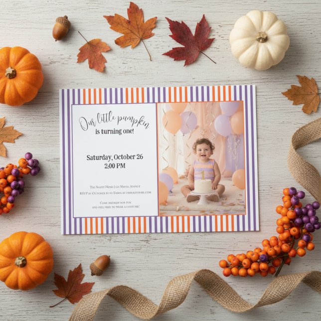 Invitación Halloween First Birthday Invitation | Cute Pumpkin (Our Little Pumpkin first birthday invitation mockup with mini pumpkin, pastel balloons, and gold rib)