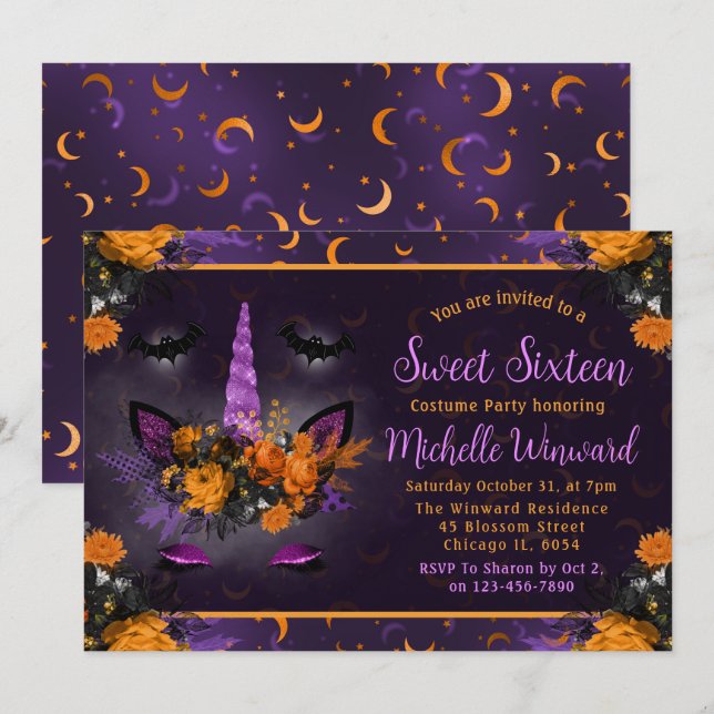 Invitación Halloween Floral Unicornio Cara Dulce Dieciséis (Anverso / Reverso)