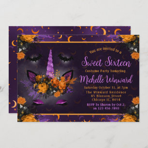 Invitación Halloween Floral Unicornio Cara Dulce Dieciséis