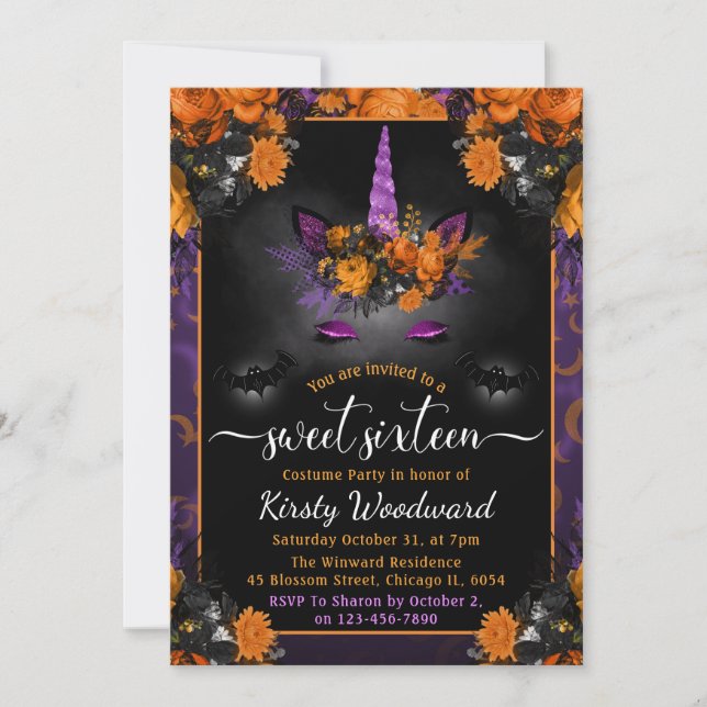 Invitación Halloween Floral Unicornio Cara Dulce Dieciséis (Anverso)
