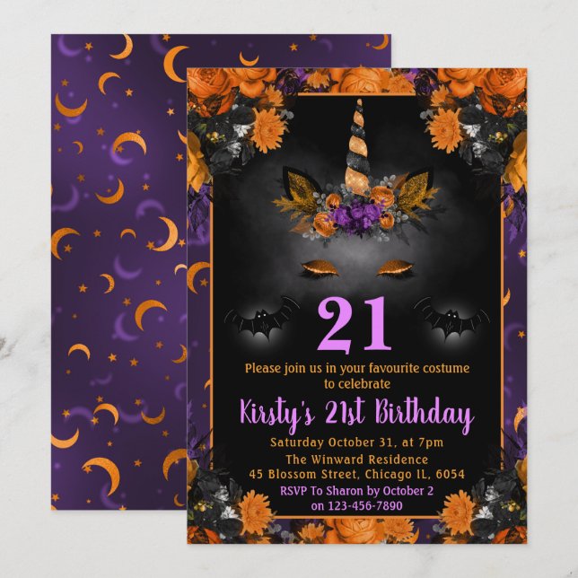 Invitación Halloween Floral Unicornio Face 21º cumpleaños (Anverso / Reverso)