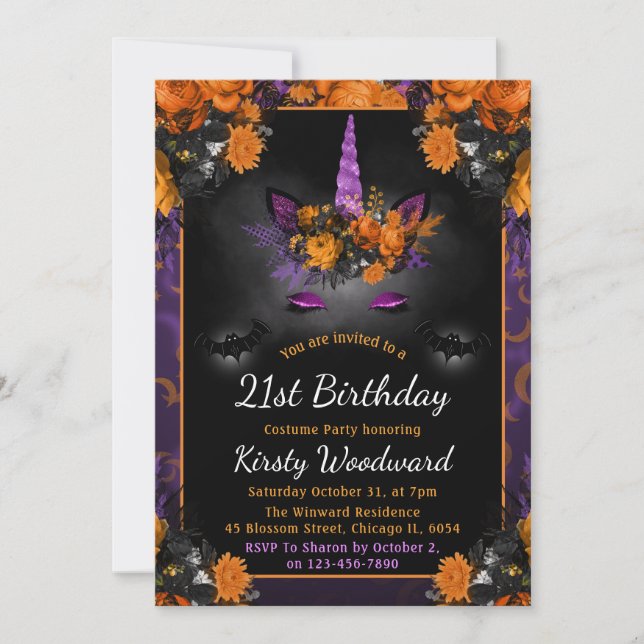 Invitación Halloween Floral Unicornio Face Fall 21º cumpleaño (Anverso)