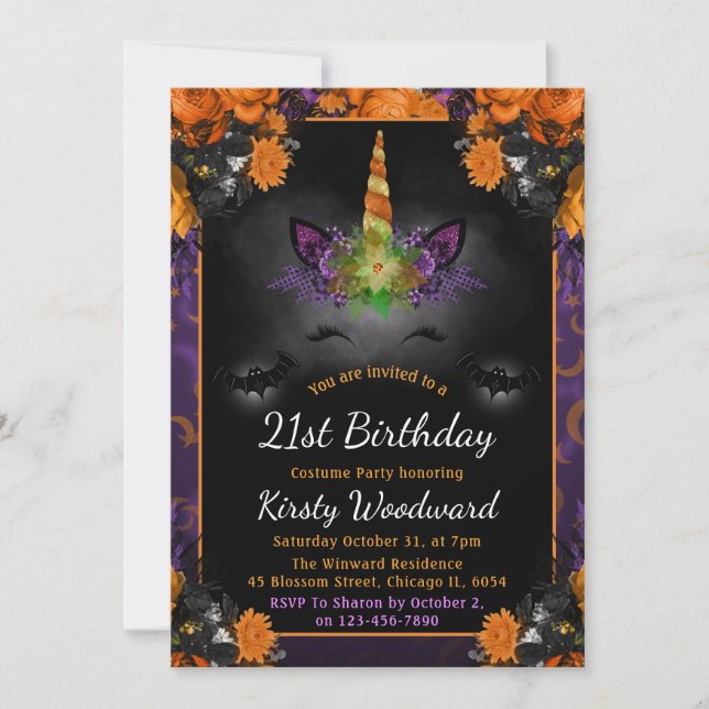 Invitación Halloween Floral Unicornio Face Fall 21º cumpleaño (Anverso)