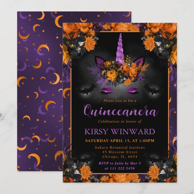 Invitación Halloween Floral Unicornio Face Quinceanera (Anverso / Reverso)