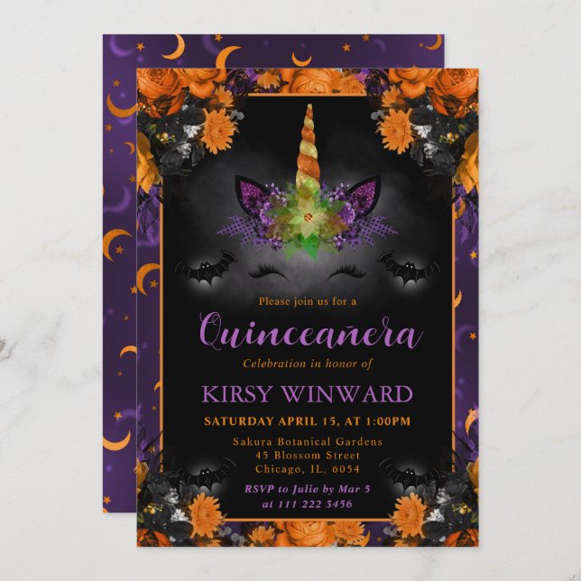 Invitación Halloween Floral Unicornio Face Quinceanera (Anverso / Reverso)