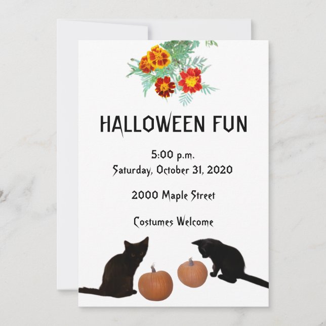 Invitación Halloween Fun Black Kittens Pumpkins Marigolds (Anverso)