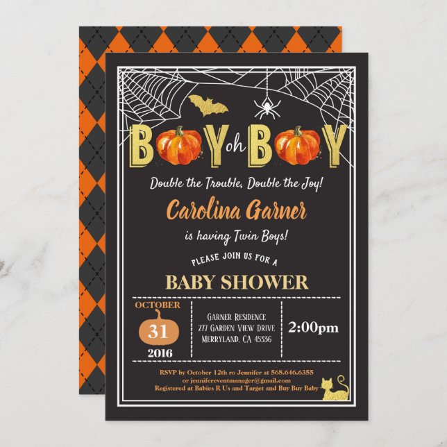 Invitación Halloween gemelos bebé ducha calabaza de bebé Oro  (Anverso / Reverso)