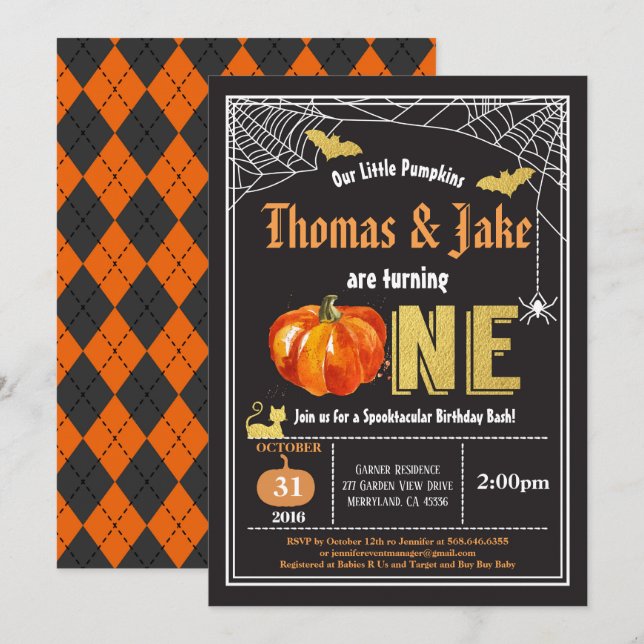 Invitación Halloween gemelos bebé primera fiesta de cumpleaño (Anverso / Reverso)