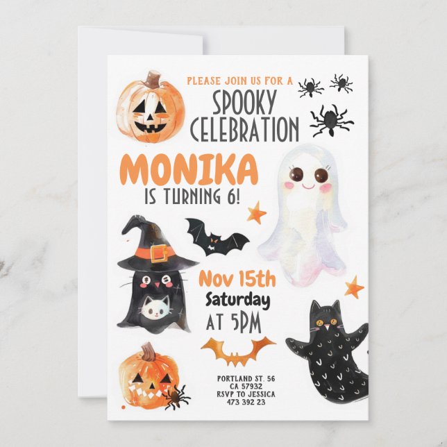 Invitación Halloween Ghost Gats Kids Watercolor Cumpleaños (Anverso)
