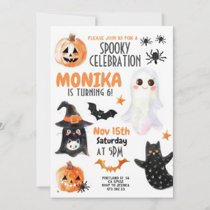 Invitación Halloween Ghost Gats Kids Watercolor Cumpleaños
