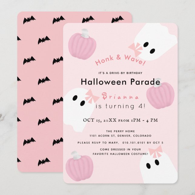 Invitación Halloween Ghost Pink Pumpkin Drive by Birday (Anverso / Reverso)