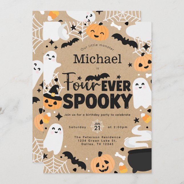 Invitación Halloween Ghost Pumpkin 4th Birthday Party (Anverso / Reverso)