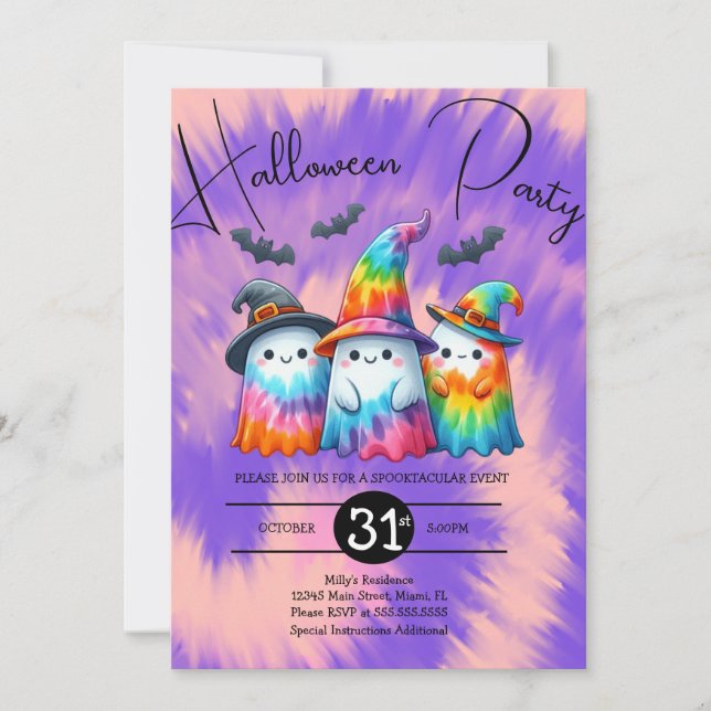 Invitación Halloween Ghost Trio Fiesta Tie Dye Hand (Anverso)